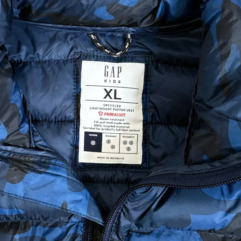 GAP Kids Ligthweight Puffer Zip Vest Boys or Girls Size XL Blue Black Camo Print